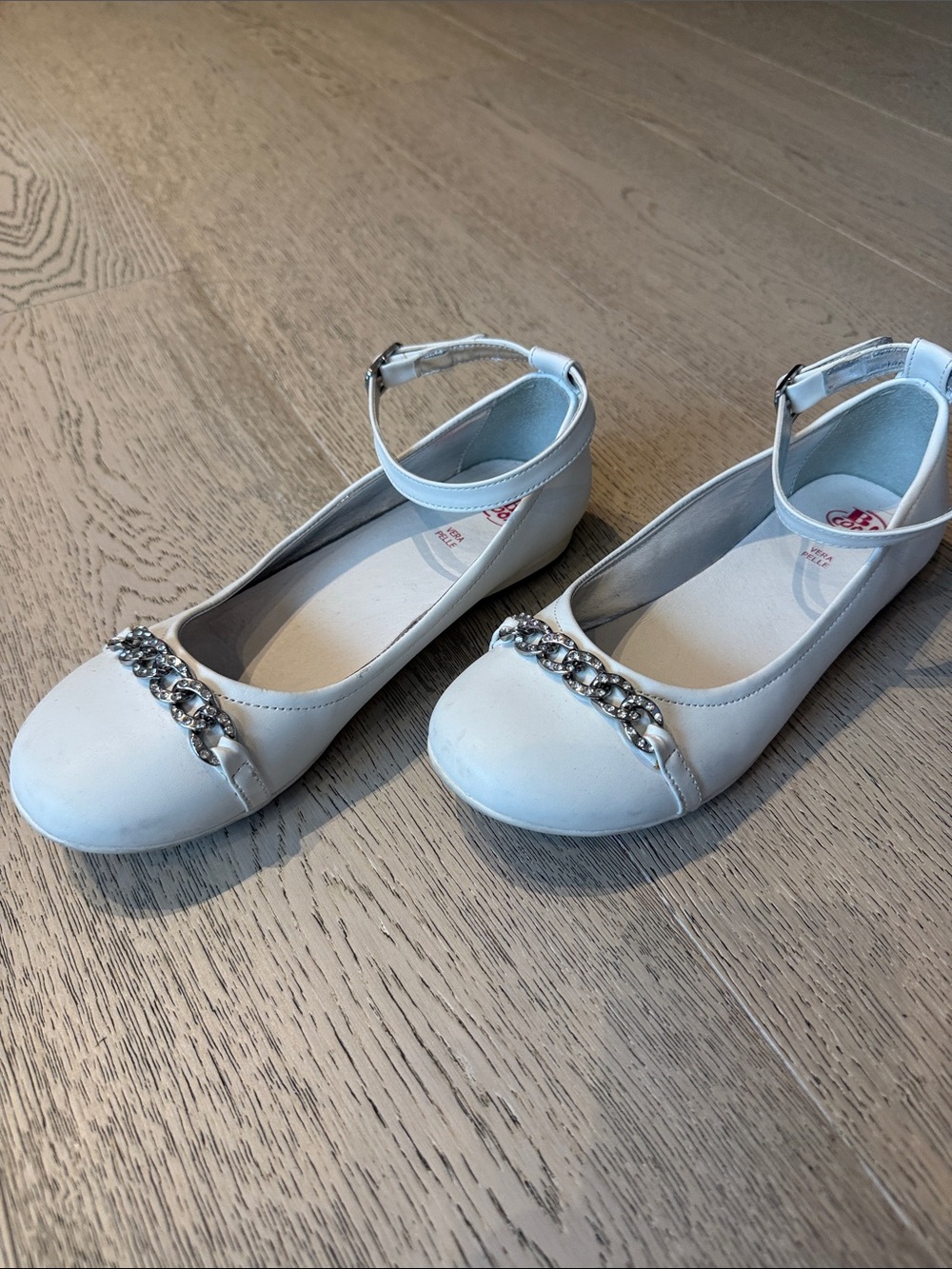 Girls White Ankle-Strap Dress Flats with Silver Chain Detail